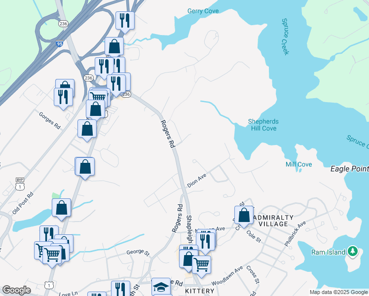 map of restaurants, bars, coffee shops, grocery stores, and more near 120 Rogers Road in Kittery