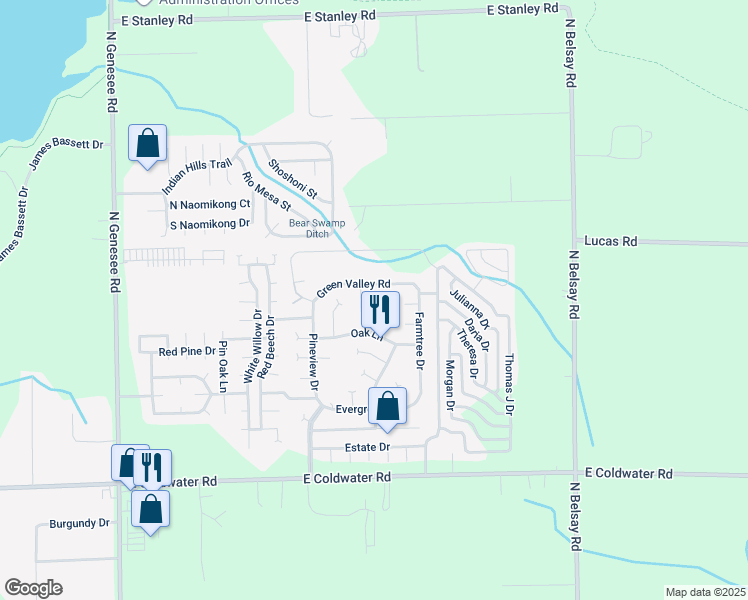 map of restaurants, bars, coffee shops, grocery stores, and more near 62 Eucalyptus Court in Flint