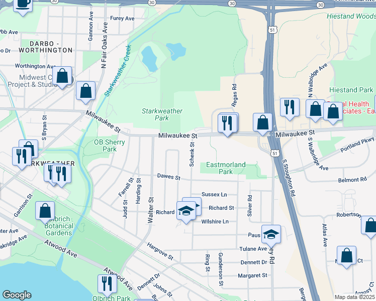 map of restaurants, bars, coffee shops, grocery stores, and more near 42 Schenk Street in Madison