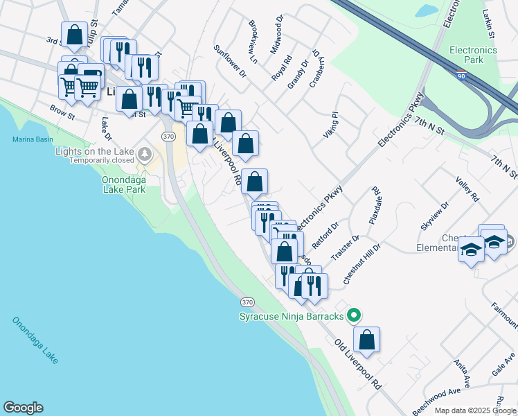 map of restaurants, bars, coffee shops, grocery stores, and more near 724 Old Liverpool Road in Liverpool