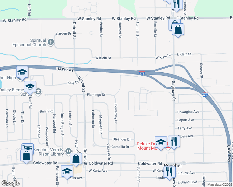 map of restaurants, bars, coffee shops, grocery stores, and more near 6248 Harvard Street in Mount Morris
