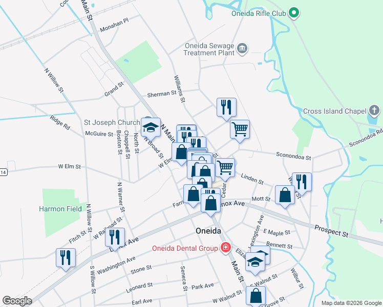 map of restaurants, bars, coffee shops, grocery stores, and more near 117 East Elm Street in Oneida