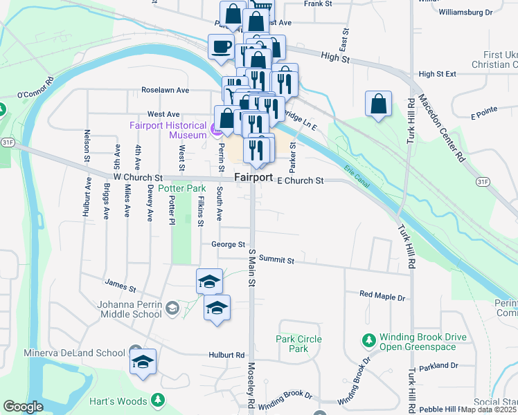 map of restaurants, bars, coffee shops, grocery stores, and more near in Fairport