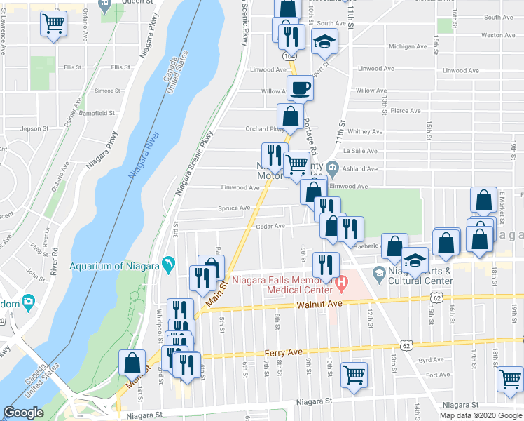 map of restaurants, bars, coffee shops, grocery stores, and more near 926 Main Street in Niagara Falls