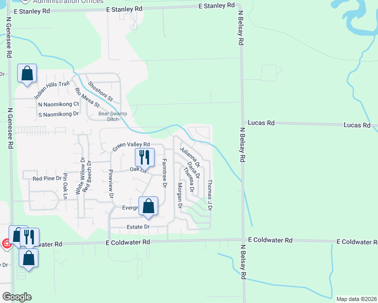 map of restaurants, bars, coffee shops, grocery stores, and more near 811 Julianna Drive in Flint