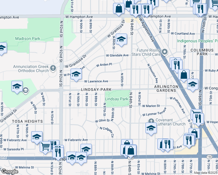 map of restaurants, bars, coffee shops, grocery stores, and more near 8600 West Lawrence Avenue in Milwaukee