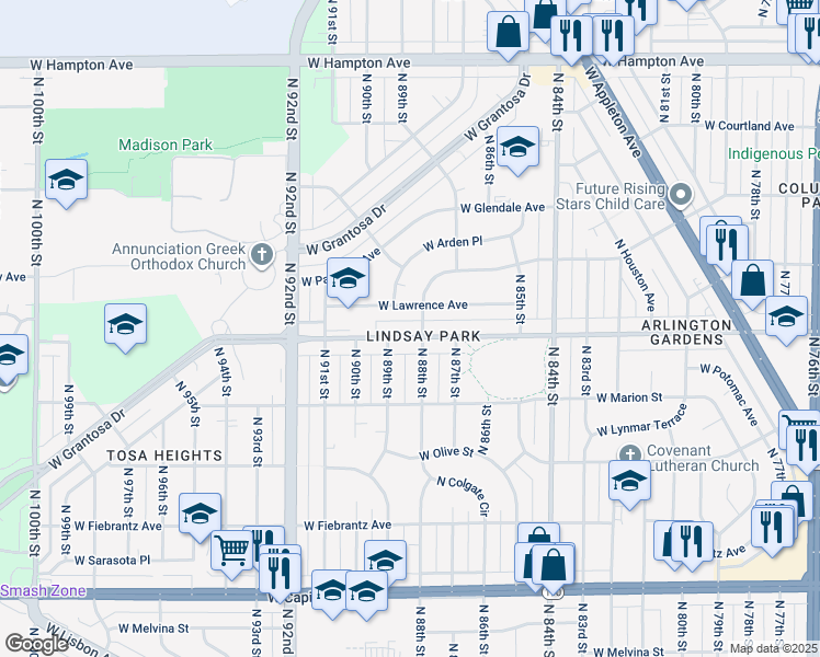 map of restaurants, bars, coffee shops, grocery stores, and more near 8808 West Lawrence Avenue in Milwaukee