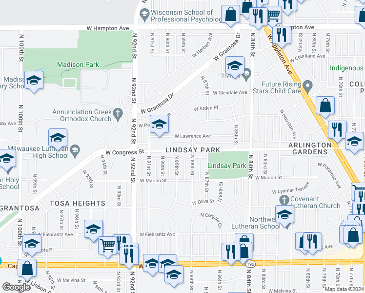 map of restaurants, bars, coffee shops, grocery stores, and more near 8808 West Lawrence Avenue in Milwaukee