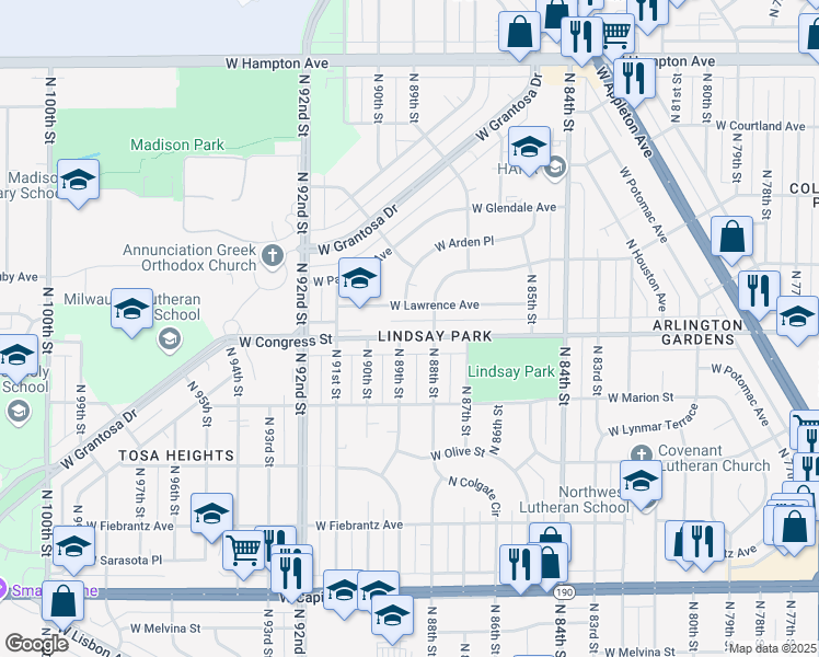 map of restaurants, bars, coffee shops, grocery stores, and more near 8808 West Lawrence Avenue in Milwaukee