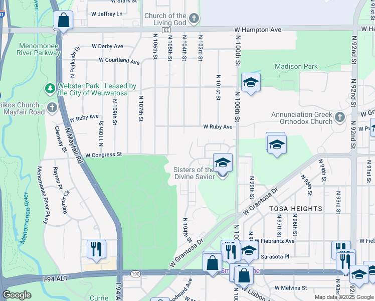 map of restaurants, bars, coffee shops, grocery stores, and more near 4455 North 104th Street in Wauwatosa