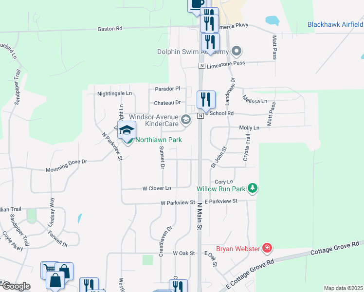 map of restaurants, bars, coffee shops, grocery stores, and more near 104 West Windsor Avenue in Cottage Grove