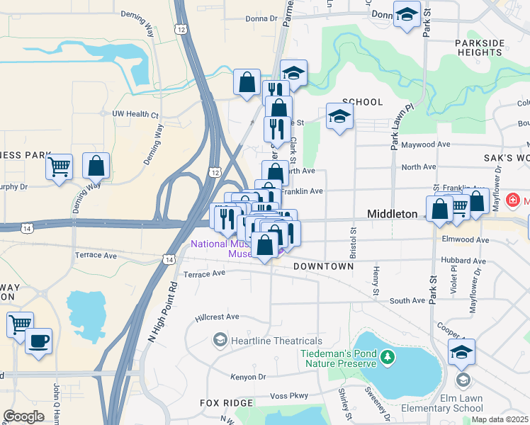 map of restaurants, bars, coffee shops, grocery stores, and more near 2024 Parmenter Street in Middleton