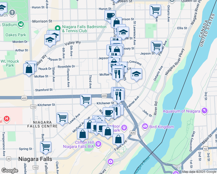 map of restaurants, bars, coffee shops, grocery stores, and more near 5325 Van Alstyne Place in Niagara Falls