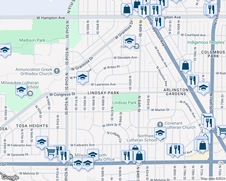 map of restaurants, bars, coffee shops, grocery stores, and more near 8636 West Congress Street in Milwaukee