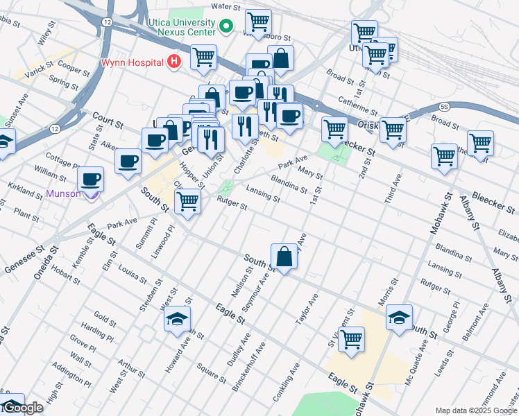 map of restaurants, bars, coffee shops, grocery stores, and more near 217 Rutger Street in Utica