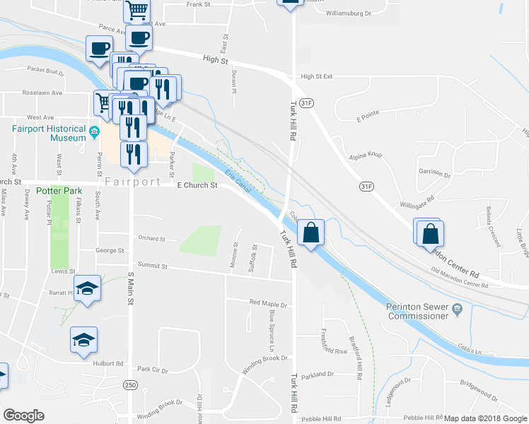 map of restaurants, bars, coffee shops, grocery stores, and more near 88 East Church Street in Fairport