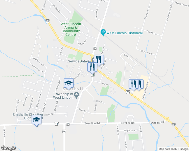 map of restaurants, bars, coffee shops, grocery stores, and more near 128 Griffin Street in Smithville