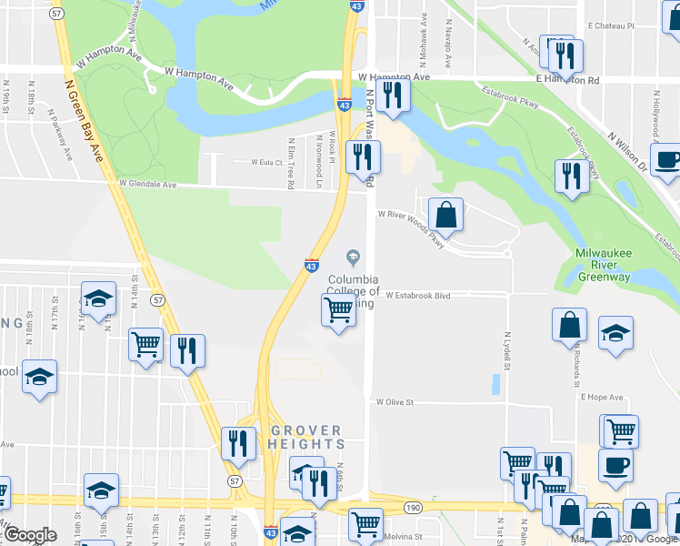 map of restaurants, bars, coffee shops, grocery stores, and more near 4425 North Port Washington Road in Milwaukee