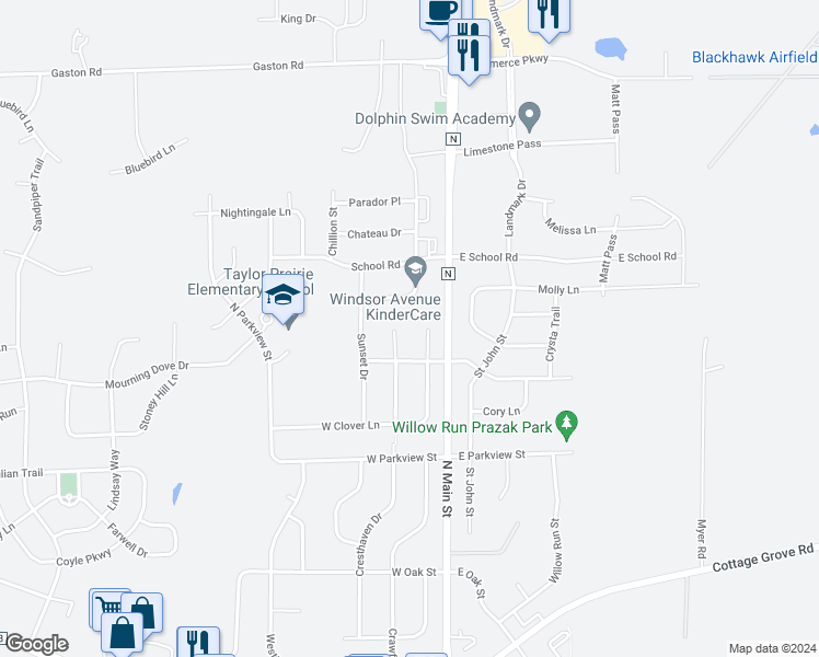 map of restaurants, bars, coffee shops, grocery stores, and more near 908 Whispering Way in Cottage Grove