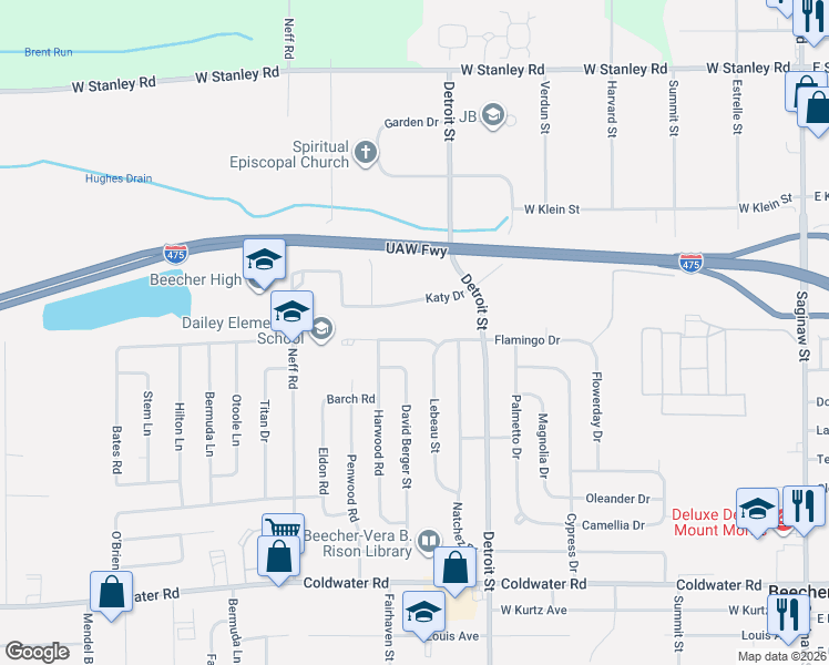 map of restaurants, bars, coffee shops, grocery stores, and more near 1441 Katy Drive in Mount Morris