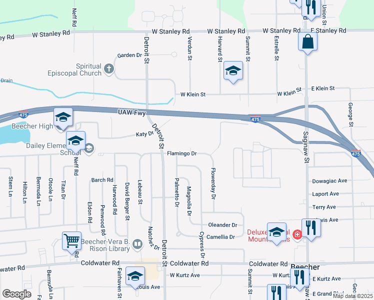 map of restaurants, bars, coffee shops, grocery stores, and more near 431 Paula Lane in Mount Morris