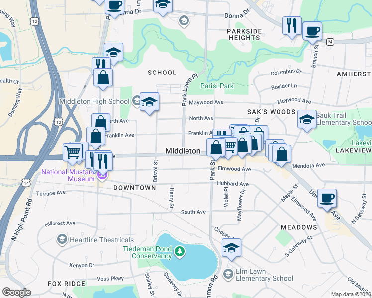 map of restaurants, bars, coffee shops, grocery stores, and more near 2003 Park Lawn Place in Middleton