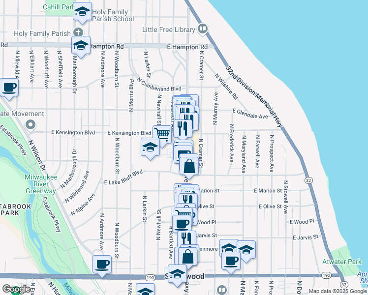 map of restaurants, bars, coffee shops, grocery stores, and more near 4483 North Oakland Avenue in Shorewood