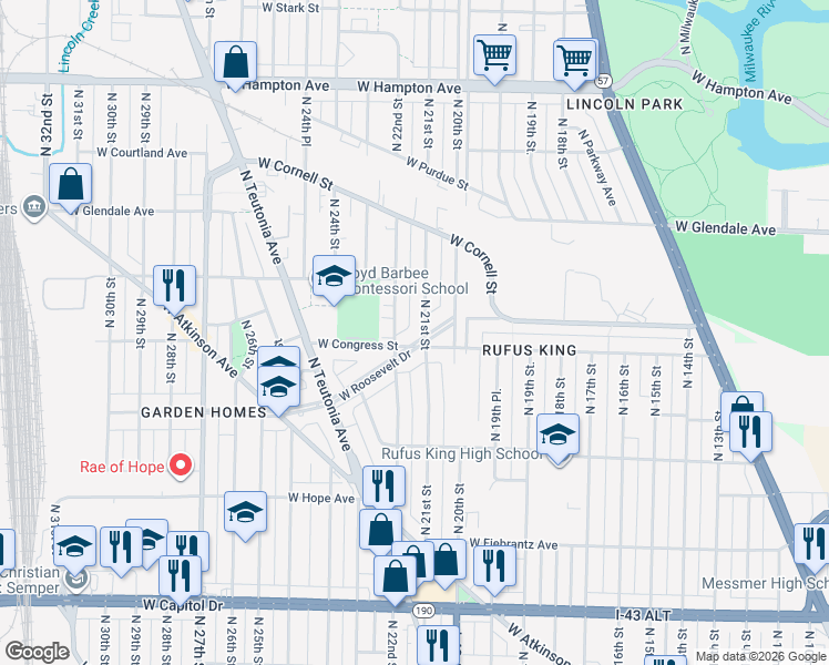 map of restaurants, bars, coffee shops, grocery stores, and more near 4442 North 22nd Street in Milwaukee