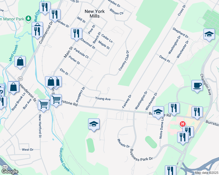 map of restaurants, bars, coffee shops, grocery stores, and more near 8 Country Club Drive in New York Mills