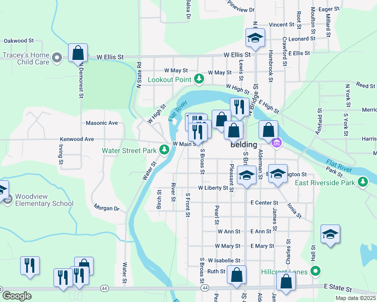 map of restaurants, bars, coffee shops, grocery stores, and more near 404 West Main Street in Belding