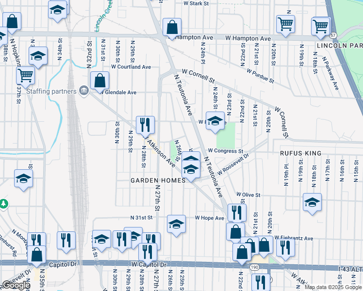 map of restaurants, bars, coffee shops, grocery stores, and more near 4437-4441 North 25th Street in Milwaukee