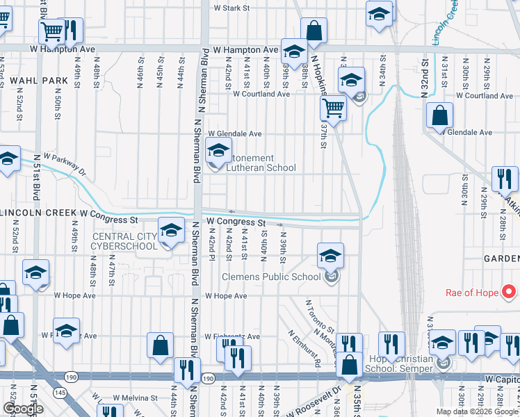 map of restaurants, bars, coffee shops, grocery stores, and more near 4435 North 40th Street in Milwaukee