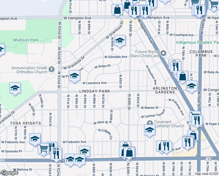 map of restaurants, bars, coffee shops, grocery stores, and more near 8600 West Lawrence Avenue in Milwaukee
