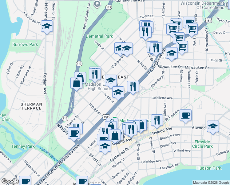 map of restaurants, bars, coffee shops, grocery stores, and more near 2222 East Washington Avenue in Madison