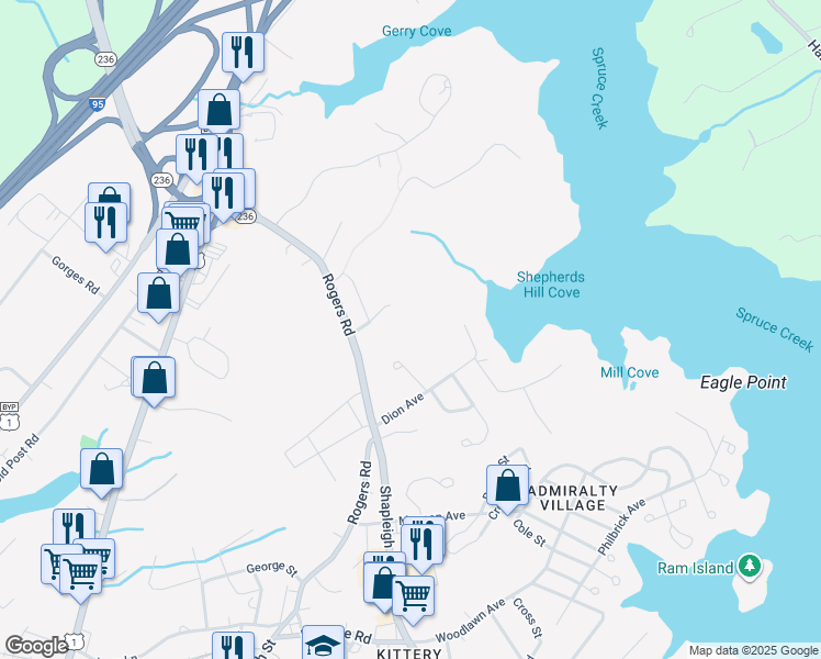 map of restaurants, bars, coffee shops, grocery stores, and more near 120 Rogers Road in Kittery
