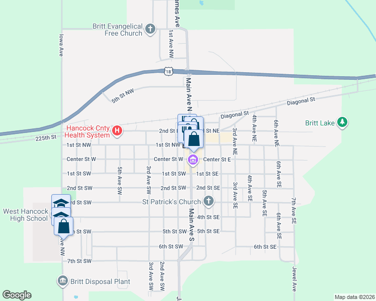 map of restaurants, bars, coffee shops, grocery stores, and more near 62 Main Avenue North in Britt