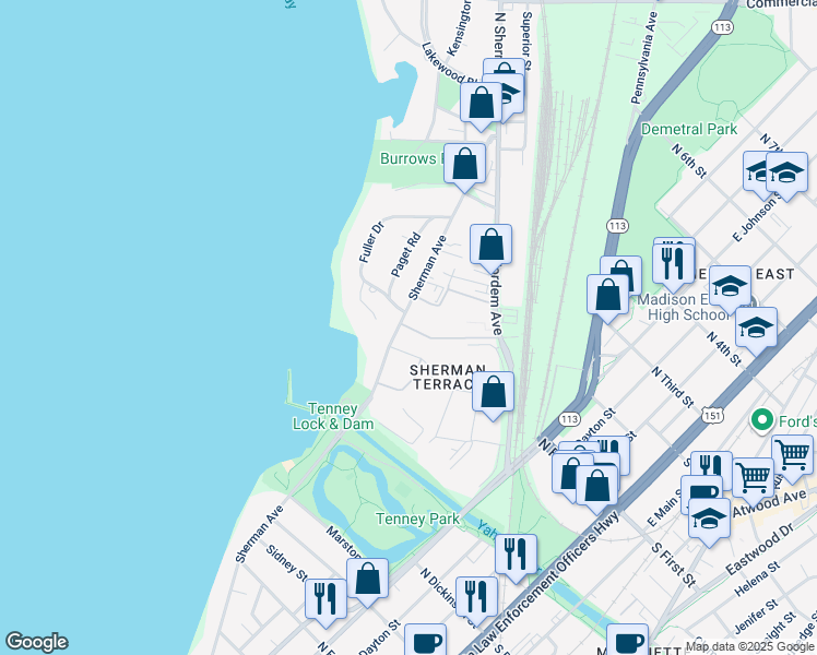 map of restaurants, bars, coffee shops, grocery stores, and more near 7 South Lakewood Garden Lane in Madison