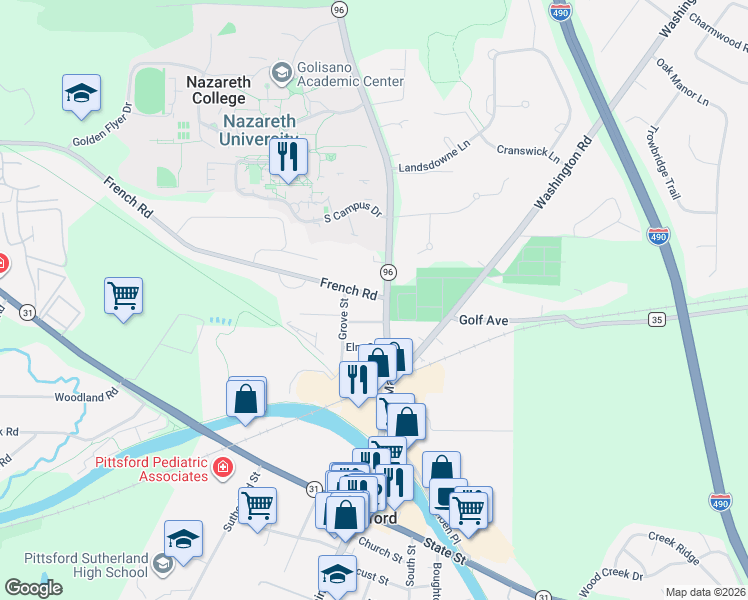 map of restaurants, bars, coffee shops, grocery stores, and more near 4028 East Avenue in Pittsford