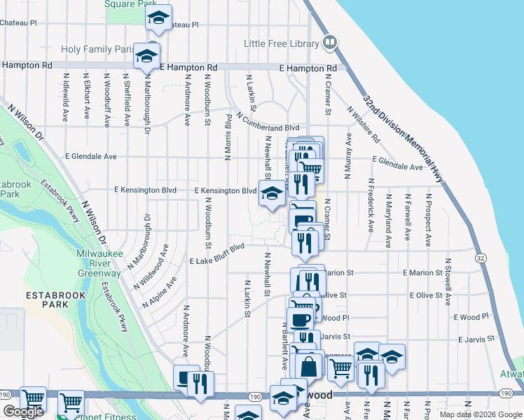 map of restaurants, bars, coffee shops, grocery stores, and more near 4476 North Newhall Street in Shorewood
