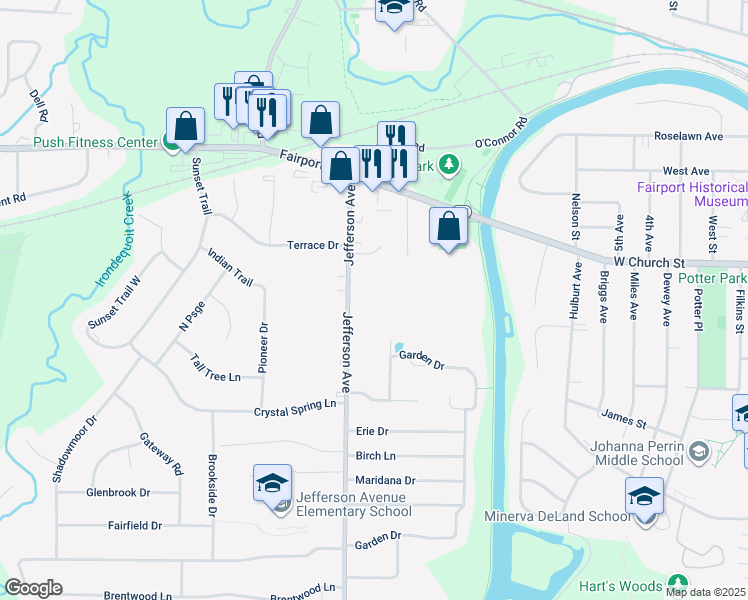 map of restaurants, bars, coffee shops, grocery stores, and more near 120 Jefferson Avenue in Fairport
