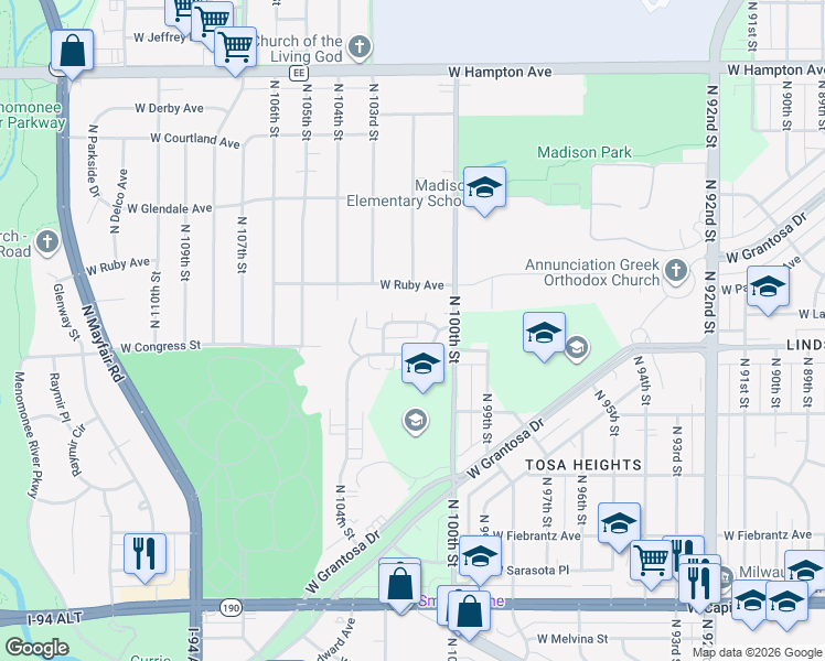 map of restaurants, bars, coffee shops, grocery stores, and more near 10121 West Sharon Lane in Milwaukee