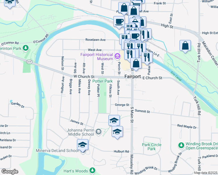 map of restaurants, bars, coffee shops, grocery stores, and more near 20 Filkins Street in Fairport