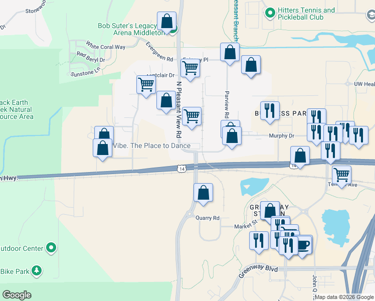 map of restaurants, bars, coffee shops, grocery stores, and more near 8608 University Green in Middleton