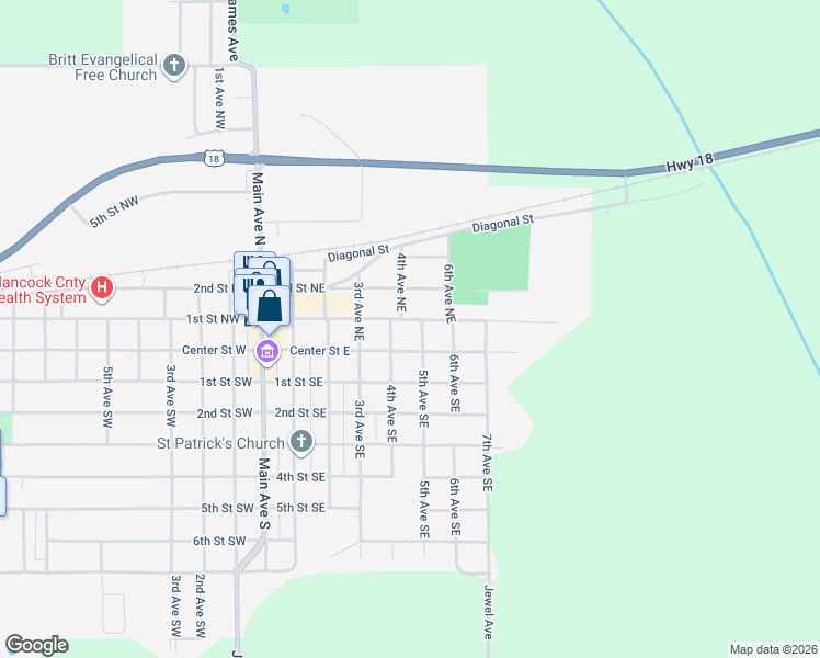 map of restaurants, bars, coffee shops, grocery stores, and more near 100-198 4th Avenue Northeast in Britt