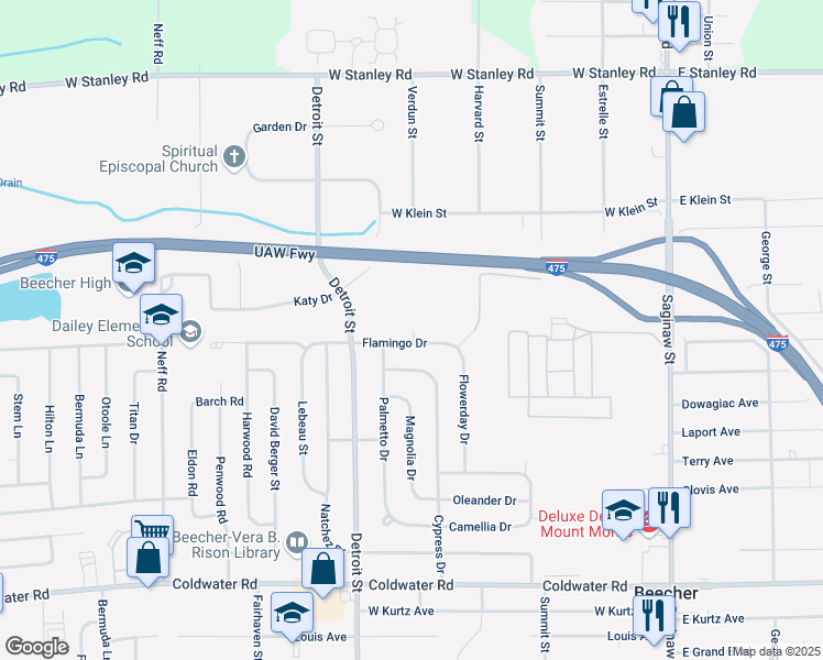 map of restaurants, bars, coffee shops, grocery stores, and more near 431 Paula Lane in Mount Morris