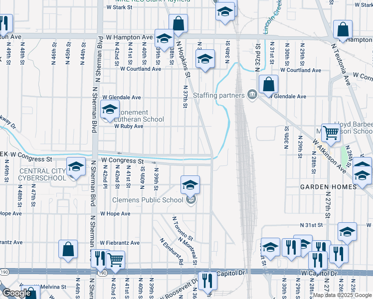 map of restaurants, bars, coffee shops, grocery stores, and more near 4412 North 37th Street in Milwaukee
