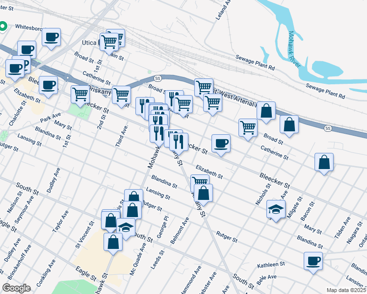 map of restaurants, bars, coffee shops, grocery stores, and more near 741 Bleecker Street in Utica