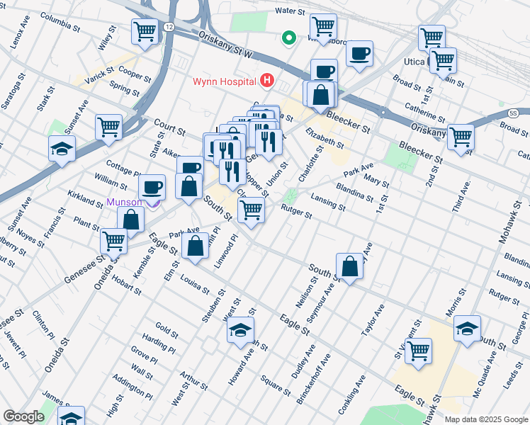 map of restaurants, bars, coffee shops, grocery stores, and more near 1 Clark Place in Utica