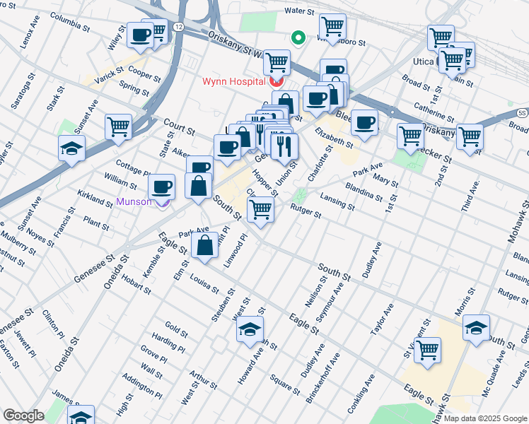 map of restaurants, bars, coffee shops, grocery stores, and more near 1 Clark Place in Utica