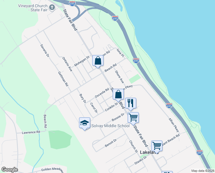 map of restaurants, bars, coffee shops, grocery stores, and more near 960 State Fair Boulevard in Syracuse